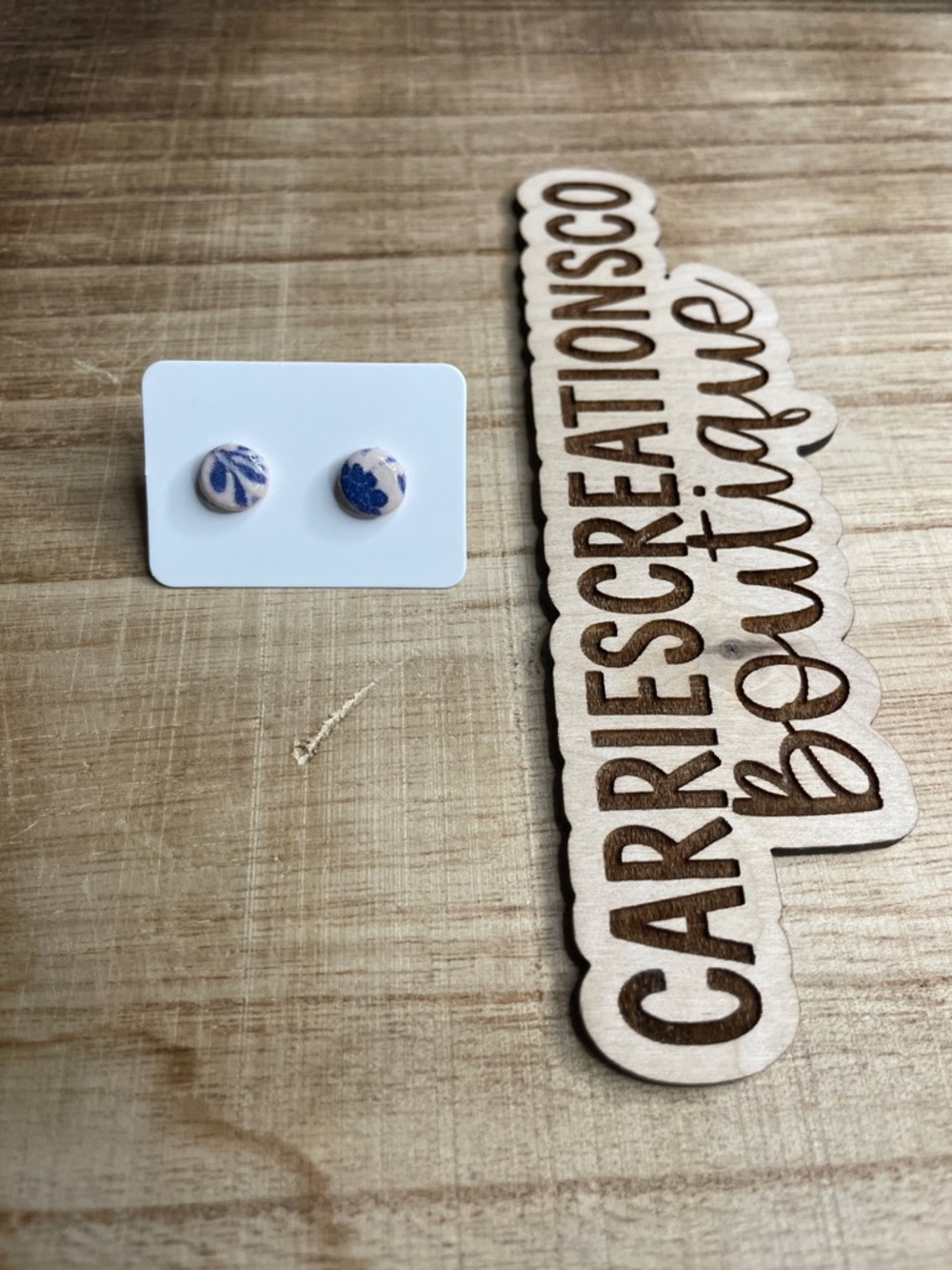 Handmade Clay Stud Earrings in White and Blue